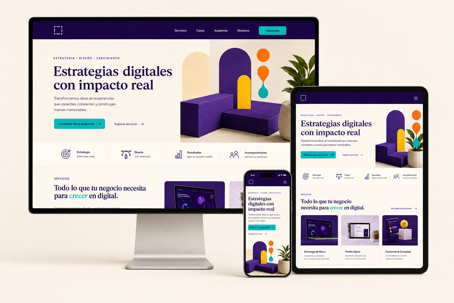 Diseño web responsive en computadora, tablet y teléfono