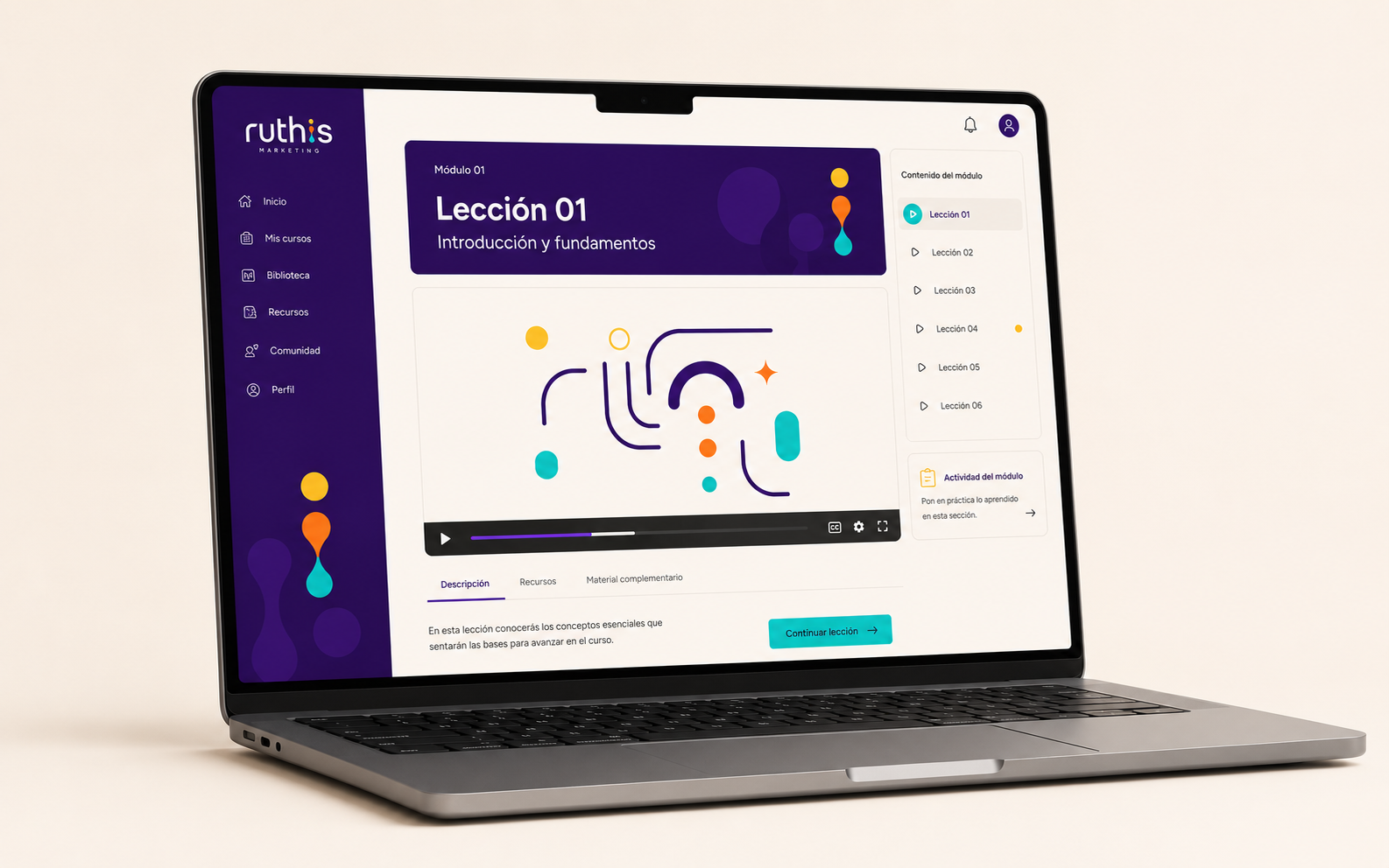 Plataforma de curso online de Ruthis Marketing, módulo 1: Estrategia de marca